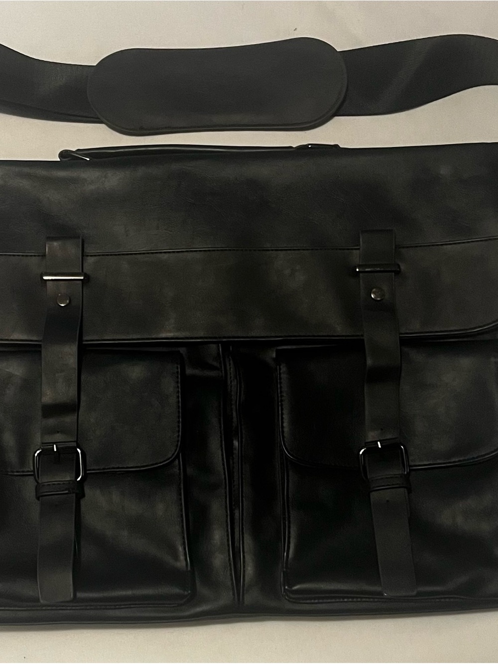 Classic Black Faux Leather Messenger Bag with Front Pockets